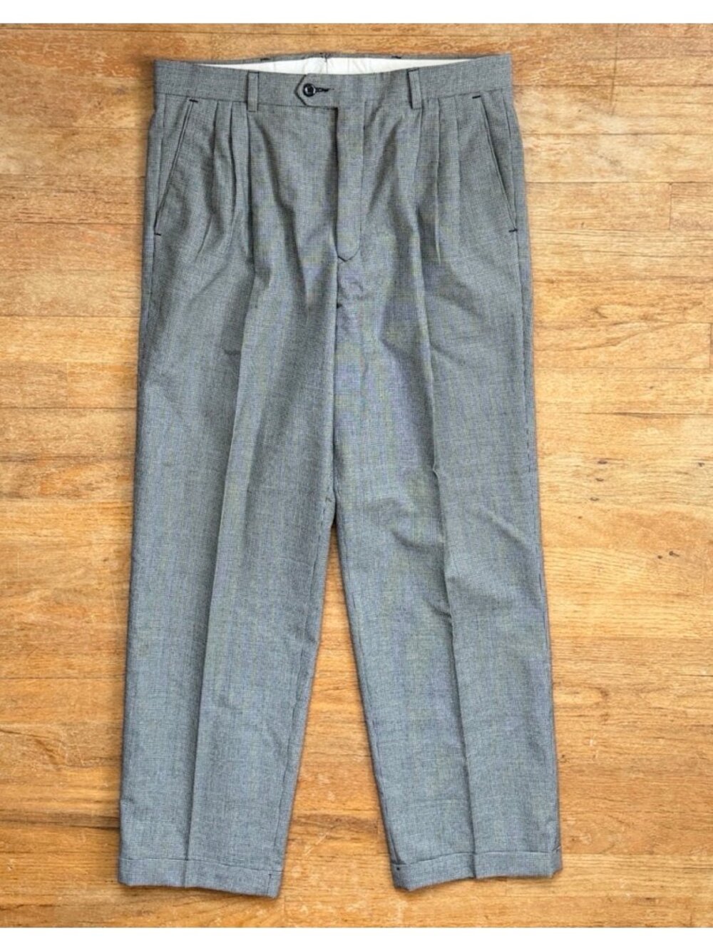 Vintage Mens Double Pleated Houndstooth Wool Pants Size 32x30 Gray/Black Trouser